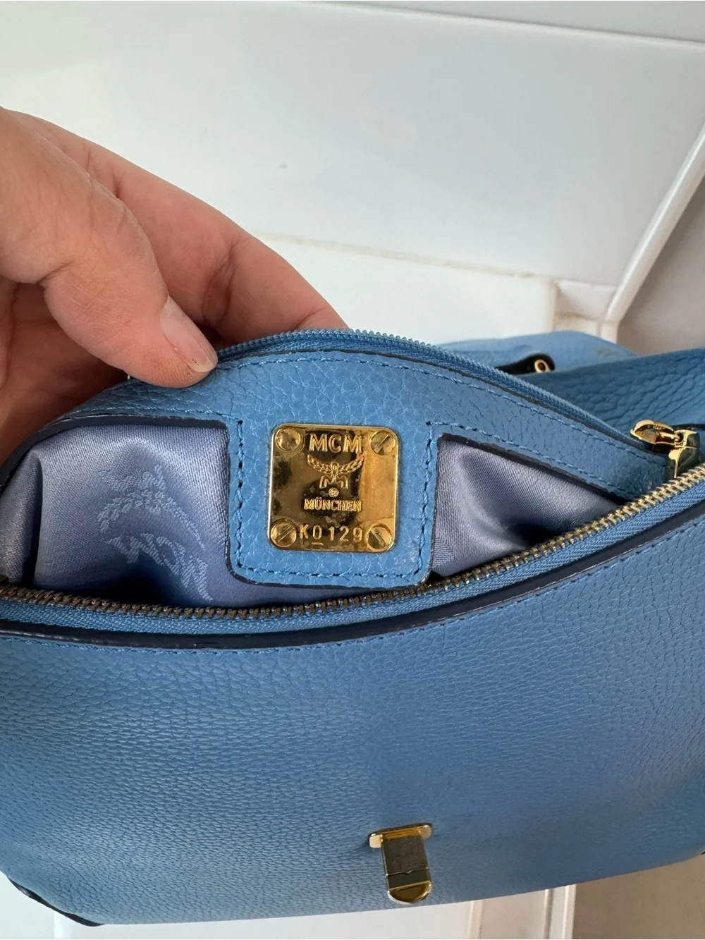 MCM Blue Leather Top-Handle Satchel with Gold Hardware